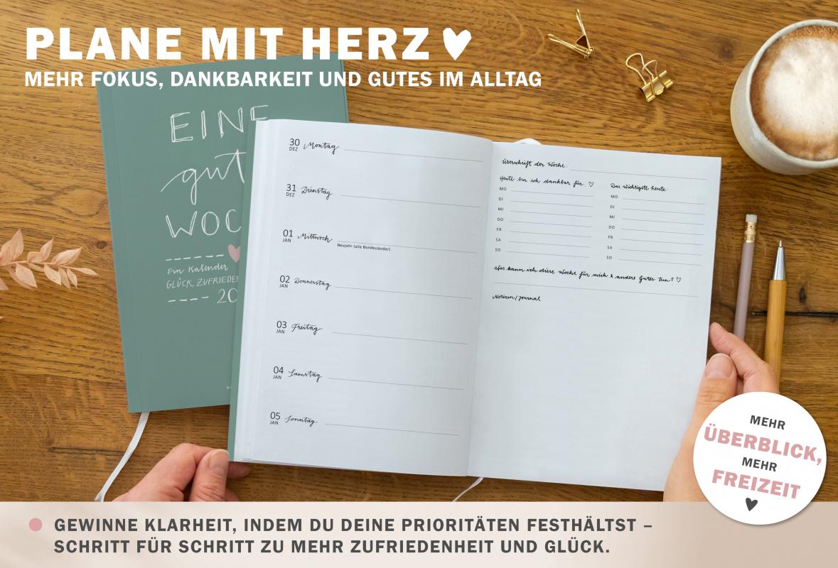 Detailansicht Jahresübersicht A5 Terminkalender 2025, salbei grün rosa weiß